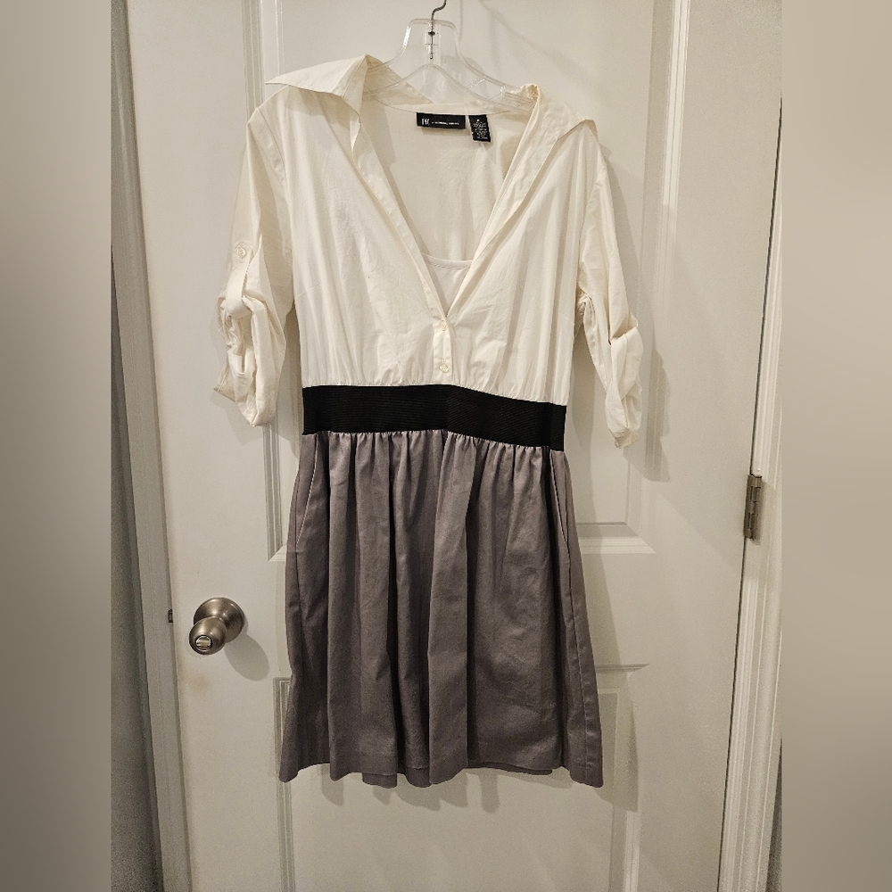 INC shirt dress white with gray skirt, black waistband size 10